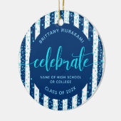 Navy Afstudeerder Foto Turquoise Glitter Script Ke Keramisch Ornament (Links)
