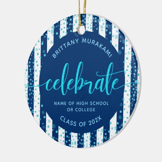 Navy Afstudeerder Foto Turquoise Glitter Script Ke Keramisch Ornament (Links)