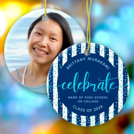 Navy Afstudeerder Foto Turquoise Glitter Script Ke Keramisch Ornament