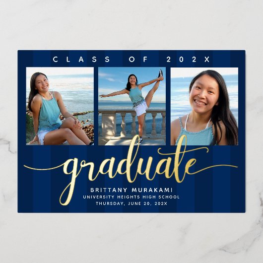 Navy afstuderen 3 foto modern script echt goud folie uitnodiging (Voorkant)