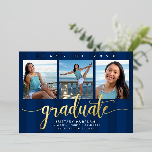 Navy afstuderen 3 foto modern script echt goud folie uitnodiging (Staand Voorkant)