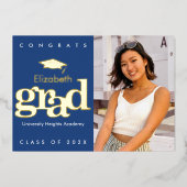 Navy afstuderen foto vetgedrukt modern pet echt go folie uitnodiging (Voorkant)
