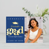 Navy afstuderen foto vetgedrukt modern pet echt go folie uitnodiging (Staand Voorkant)