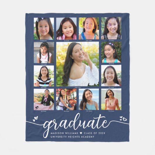 Navy Afstuderen K-12 Modern Script Photo Collage Fleece Deken (Voorkant)