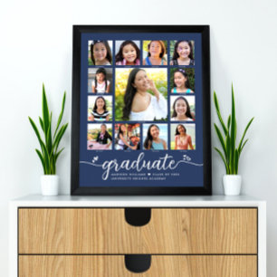 Navy Afstuderen K-12 Modern Script Photo Collage Poster