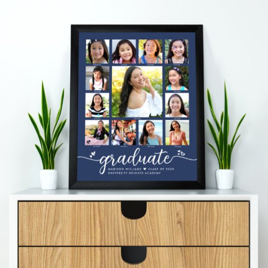 Navy Afstuderen K-12 Modern Script Photo Collage Poster