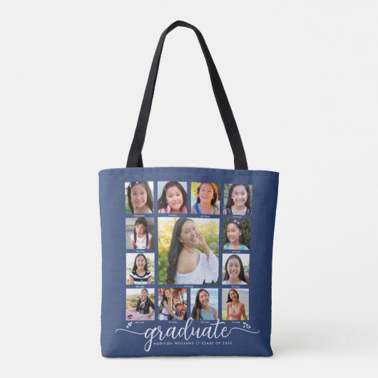 Navy Afstuderen K-12 Modern Script Photo Collage Tote Bag (Achterkant)