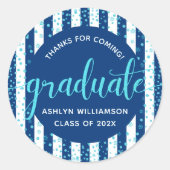 Navy Afstuderen Turquoise Glitter Confetti Script Ronde Sticker (Voorkant)