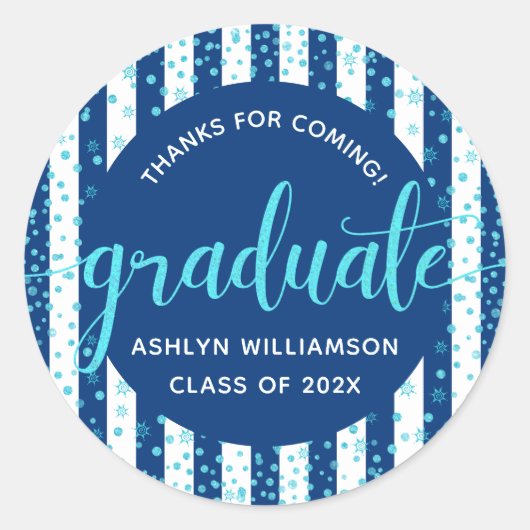 Navy Afstuderen Turquoise Glitter Confetti Script Ronde Sticker (Voorkant)