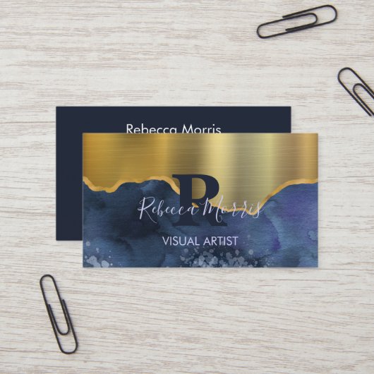 Navy Agaat Geborsteld Goud Metaal Visitekaartje (Voorkant / Achterkant in situ)