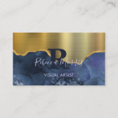 Navy Agaat Geborsteld Goud Metaal Visitekaartje (Voorkant)