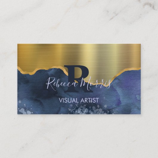 Navy Agaat Geborsteld Goud Metaal Visitekaartje (Voorkant)