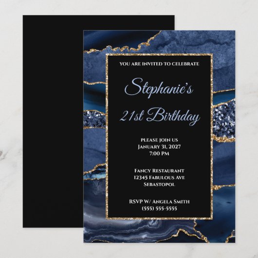 Navy Agate Gold Glitter Glam 21ste verjaardag Kaart (Voorkant / Achterkant)