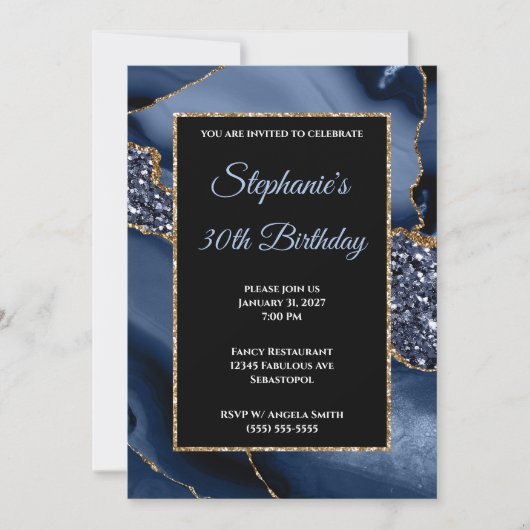 Navy Agate Gold Glitter Glam 30th Birthday Kaart (Voorkant)