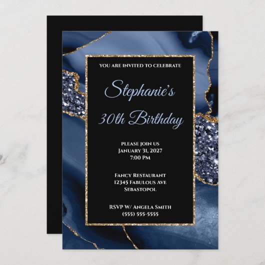 Navy Agate Gold Glitter Glam 30th Birthday Kaart (Voorkant / Achterkant)