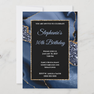 Navy Agate Gold Glitter Glam 30th Birthday Kaart