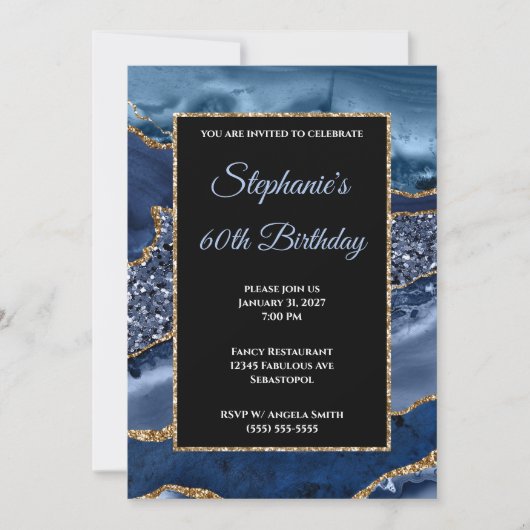 Navy Agate Gold Glitter Glam 60th Birthday Kaart (Voorkant)