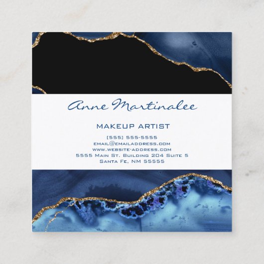 Navy Agate Gold Glitter Square Visitekaartje (Achterkant)