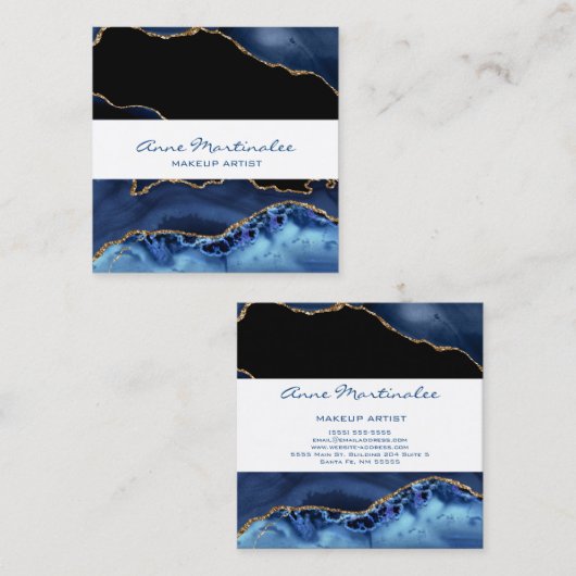 Navy Agate Gold Glitter Square Visitekaartje (Voorkant / Achterkant)