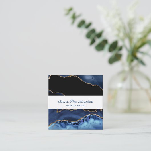Navy Agate Gold Glitter Square Visitekaartje (Staand voorkant)