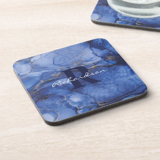 Navy Agate Monogram en naam Marble Luxury Bier Onderzetter (Linkerzijde)