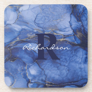 Navy Agate Monogram en naam Marble Luxury Bier Onderzetter