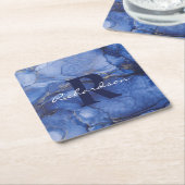 Navy Agate Monogram en naam Marble Luxury Kartonnen Onderzetters (Schuin)
