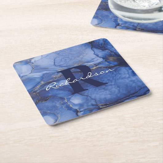 Navy Agate Monogram en naam Marble Luxury Kartonnen Onderzetters (Schuin)