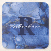 Navy Agate Monogram en naam Marble Luxury Kartonnen Onderzetters (Voorkant)