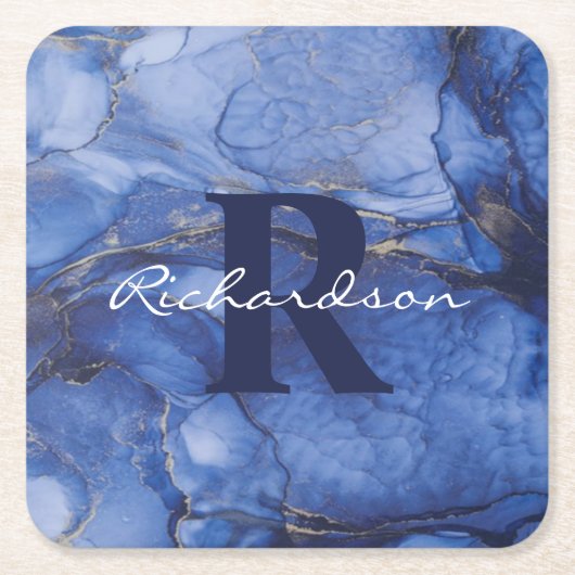 Navy Agate Monogram en naam Marble Luxury Kartonnen Onderzetters (Voorkant)