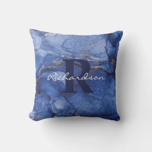 Navy Agate Monogram en naam Marble Luxury Kussen