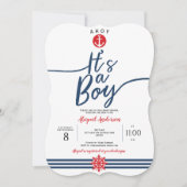 Navy, Ahoy is een jongen, Modern, Stripes, Baby Bo Kaart (Voorkant)