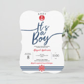 Navy, Ahoy is een jongen, Modern, Stripes, Baby Bo Kaart (Staand voorkant)