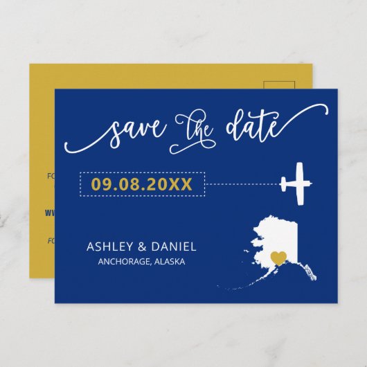 Navy Alaska Wedding Save the Date Map Briefkaart (Voorkant / Achterkant)