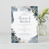 Navy Alcohol Inkt Bloemen Achtergrond Bruiloft Kaart (Staand voorkant)