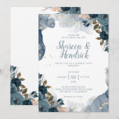 Navy Alcohol Inkt Bloemen Achtergrond Bruiloft Kaart (Voorkant / Achterkant)