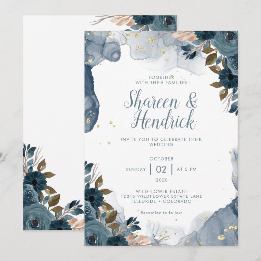 Navy Alcohol Inkt Bloemen Achtergrond Bruiloft Kaart (Voorkant / Achterkant)