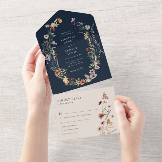 Navy All in One Wedding Invite Uitnodiging (Afscheurbaar)
