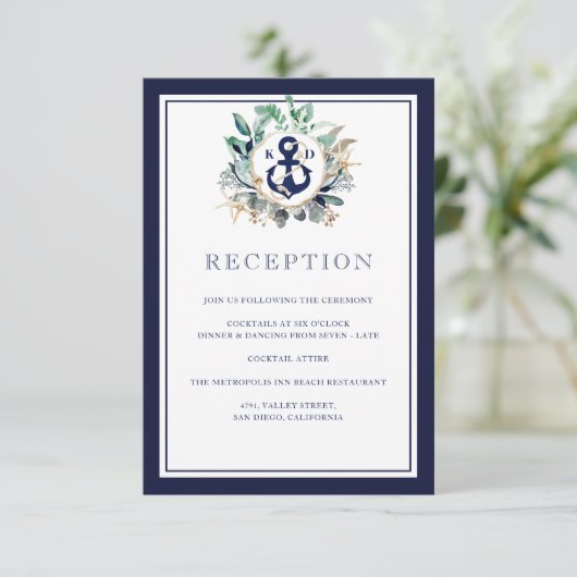 Navy Anchor Elegant Greenery Wreath Reception Informatiekaartje (Staand voorkant)