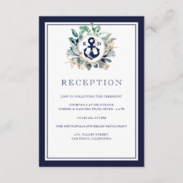 Navy Anchor Elegant Greenery Wreath Reception Informatiekaartje