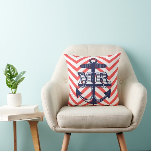 Navy Anchor Groom Zig Zag Pattern Bride Pillo Kussen (Stoel)