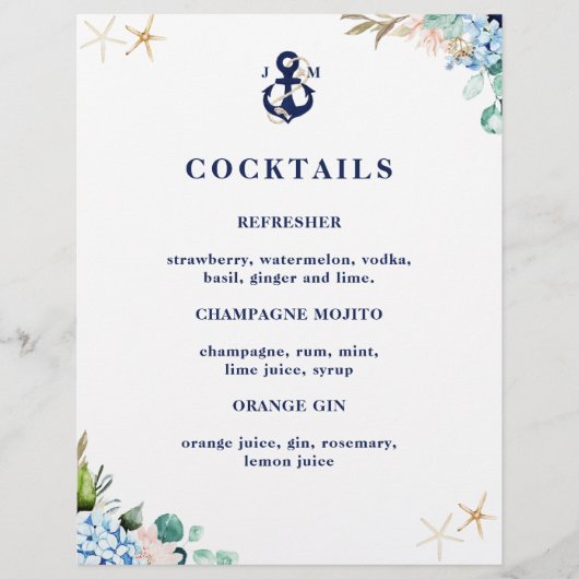 Navy Anchor Monogram Beach Wedding Cocktail Menu (Voorkant)