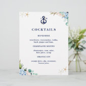 Navy Anchor Monogram Beach Wedding Cocktail Menu (Staand voorkant)