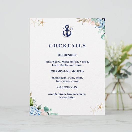 Navy Anchor Monogram Beach Wedding Cocktail Menu (Staand voorkant)