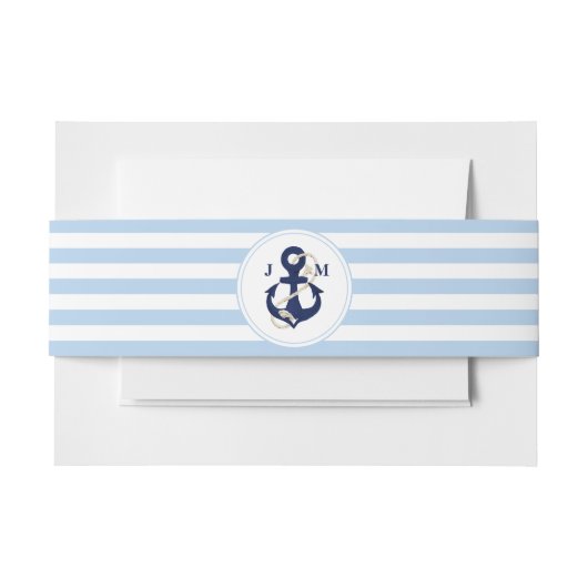 Navy Anchor Monogram Blue Sripes Nautical Wedding Uitnodigingen Wikkel (Voorkant Voorbeeld)