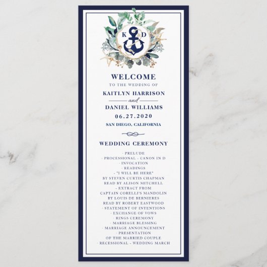 Navy Anchor Monogram Greenery Wreath Wedding Programmakaart (Voorkant)