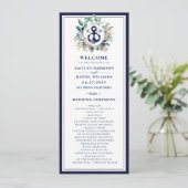 Navy Anchor Monogram Greenery Wreath Wedding Programmakaart (Staand voorkant)