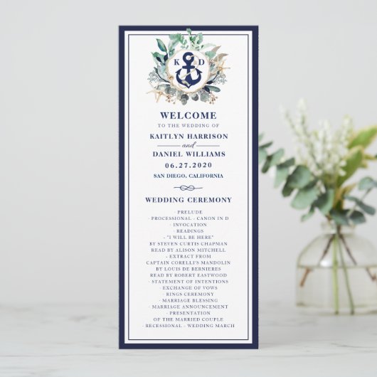 Navy Anchor Monogram Greenery Wreath Wedding Programmakaart (Staand voorkant)