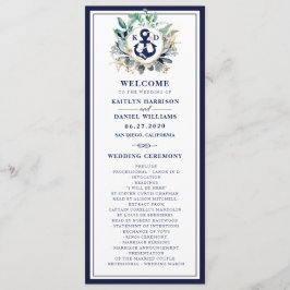 Navy Anchor Monogram Greenery Wreath Wedding Programmakaart