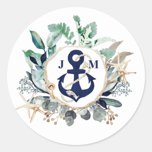 Navy Anchor Monogram Greenery Wreath Wedding Ronde Sticker (Voorkant)